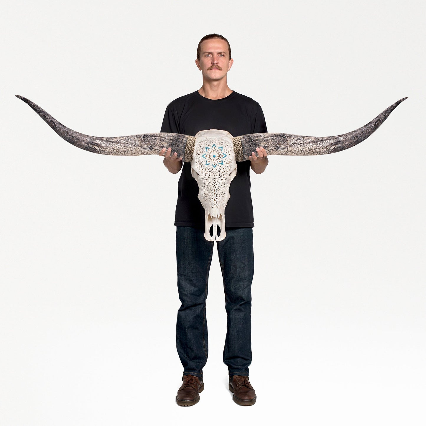 Hand Carved Longhorn Skull - White Glowing Mandala