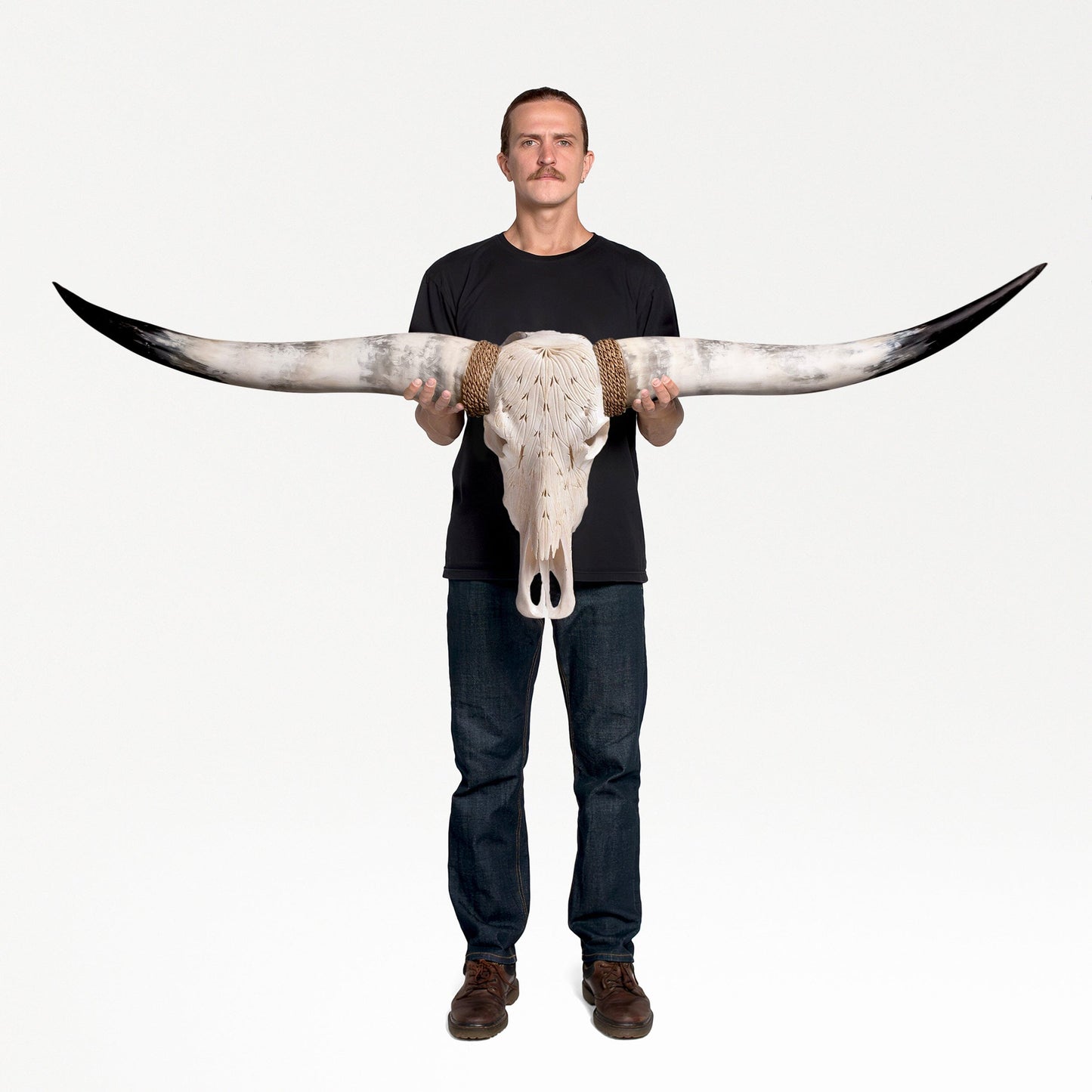 Hand Carved Longhorn Skull - White Feathers
