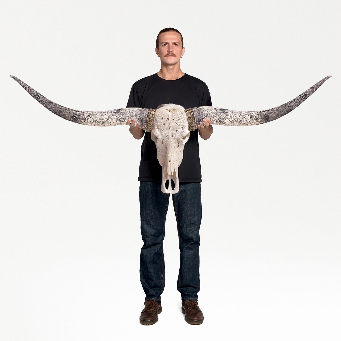 Hand Carved Longhorn Skull - White Feathers