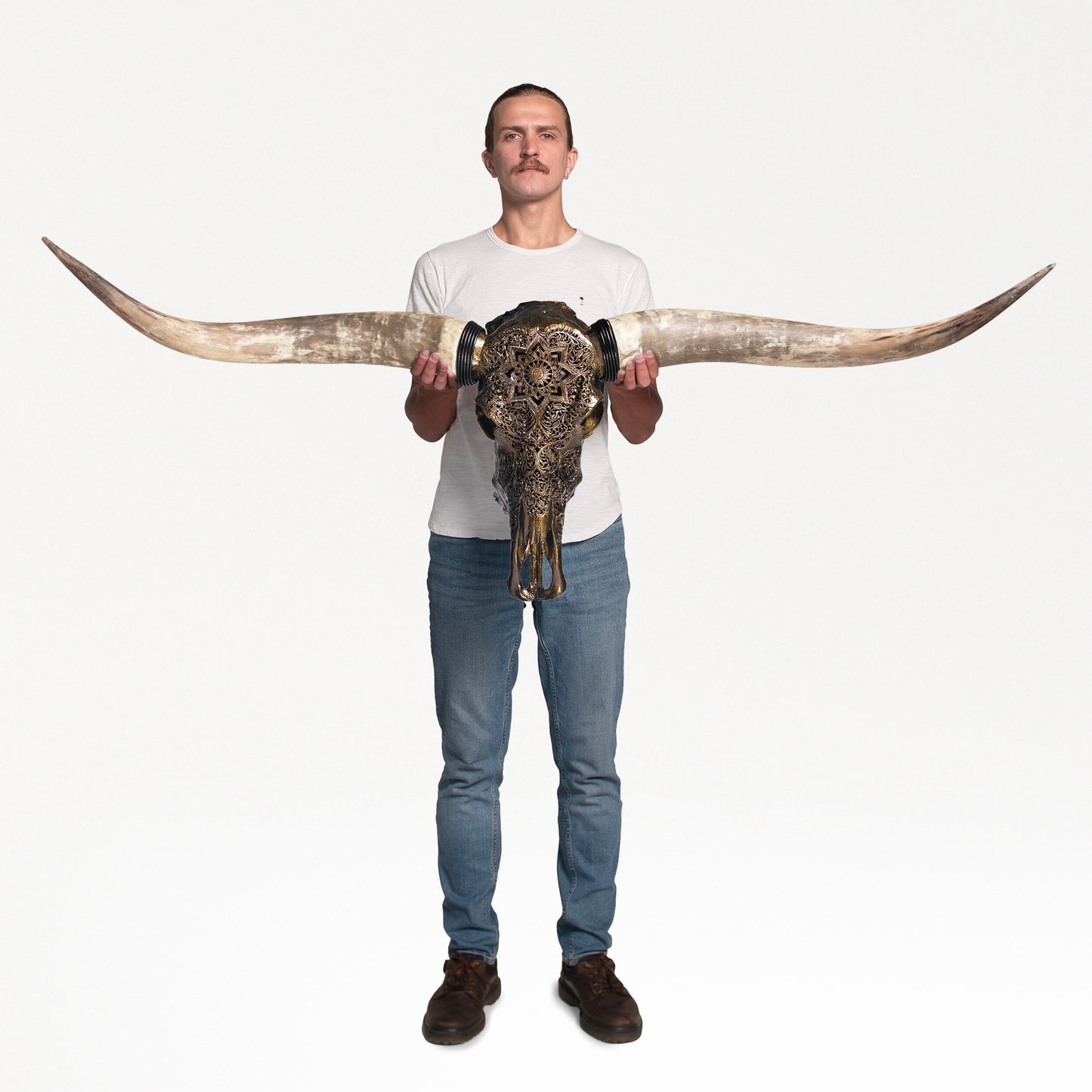 Hand Carved Longhorn Skull - Antique Bronze Mandala // Metallic Finish