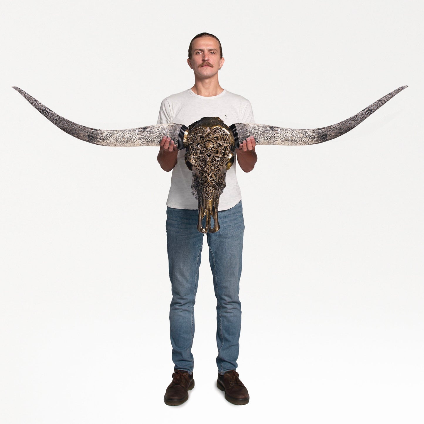 Hand Carved Longhorn Skull - Antique Bronze Mandala // Metallic Finish