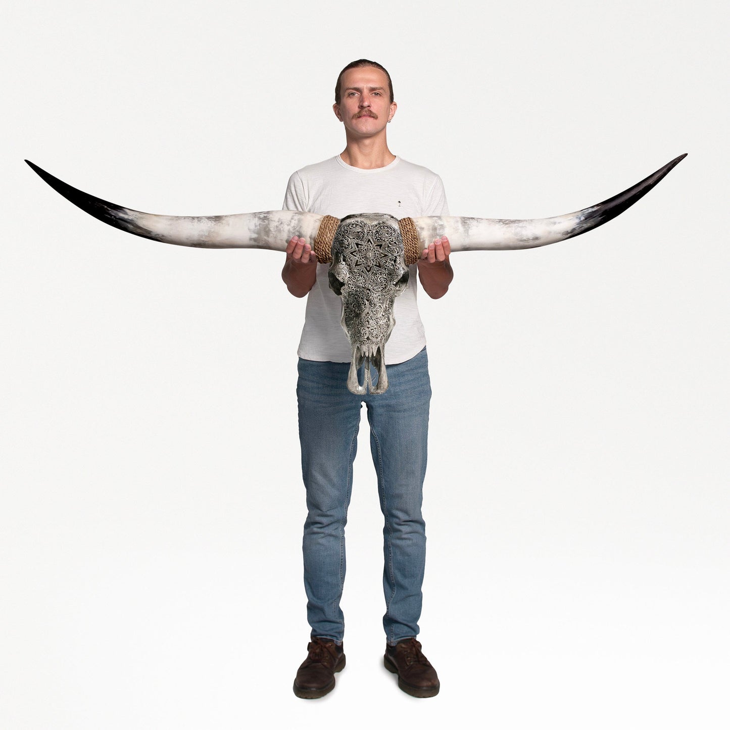 Hand Carved Longhorn Skull - Gray Mandala