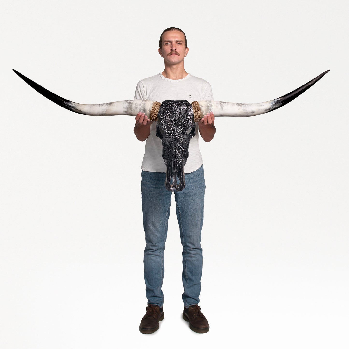 Hand Carved Longhorn Skull - Black Mandala