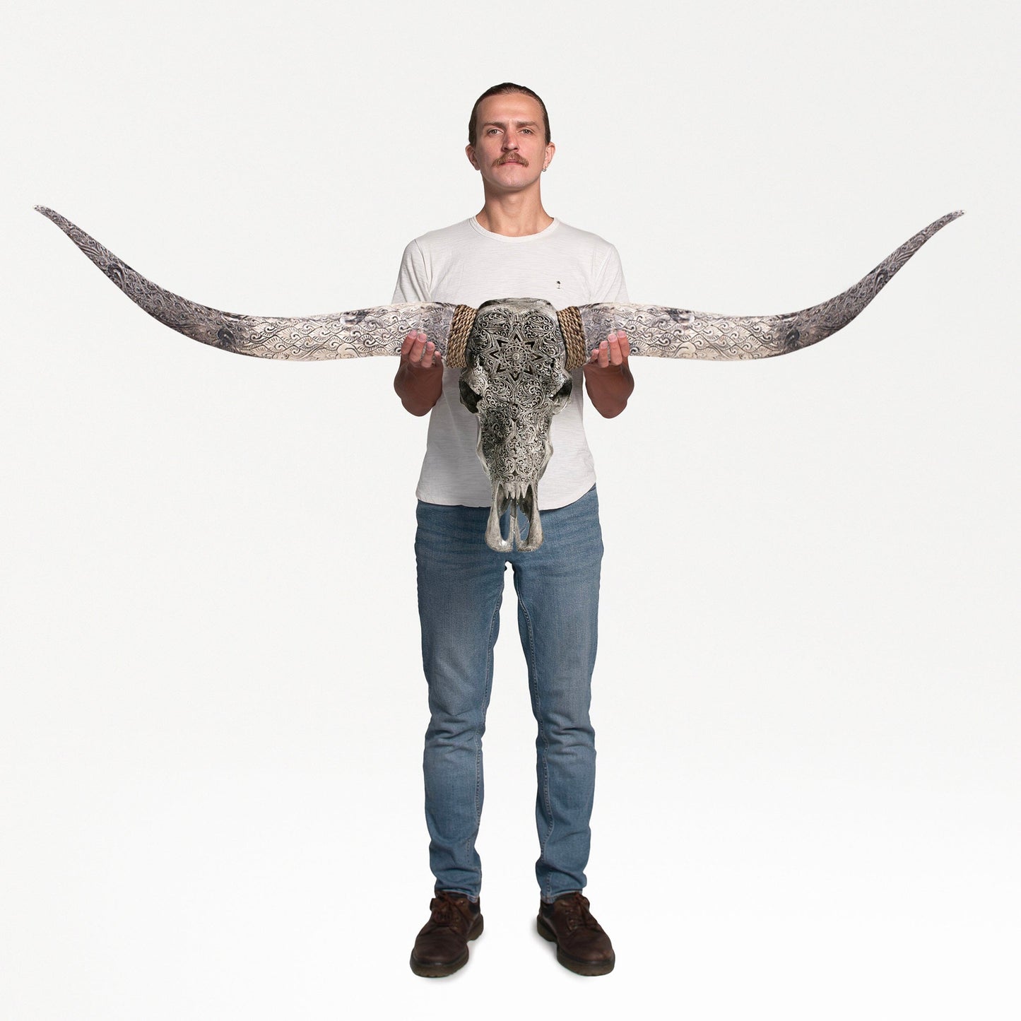 Hand Carved Longhorn Skull - Gray Mandala