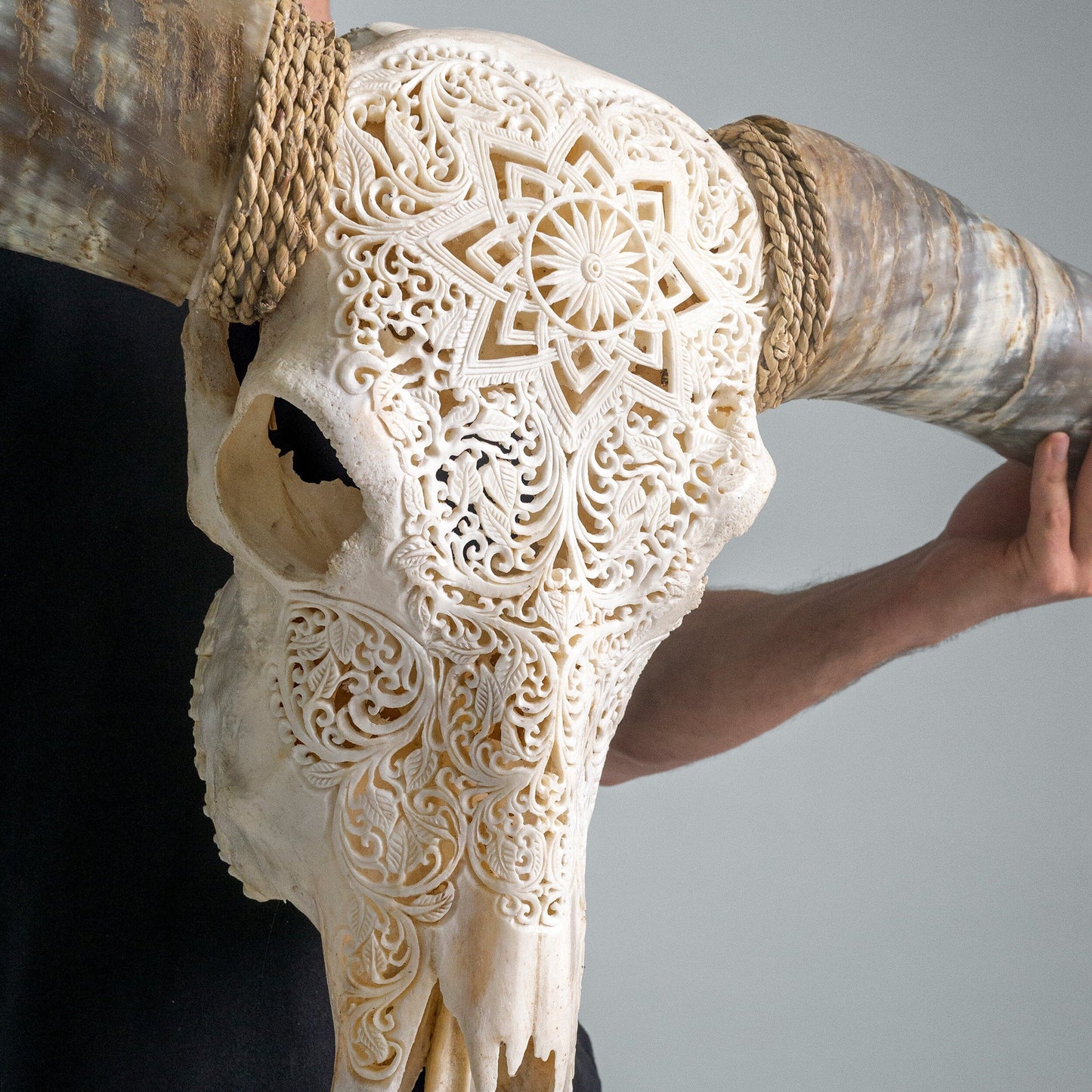 Hand Carved Longhorn Skull - White Mandala