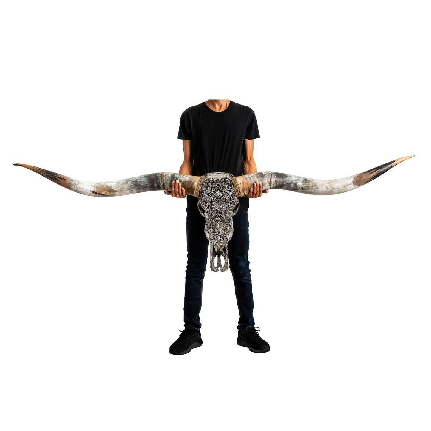 Hand Carved Longhorn Skull // XL Horns - Gray Mandala