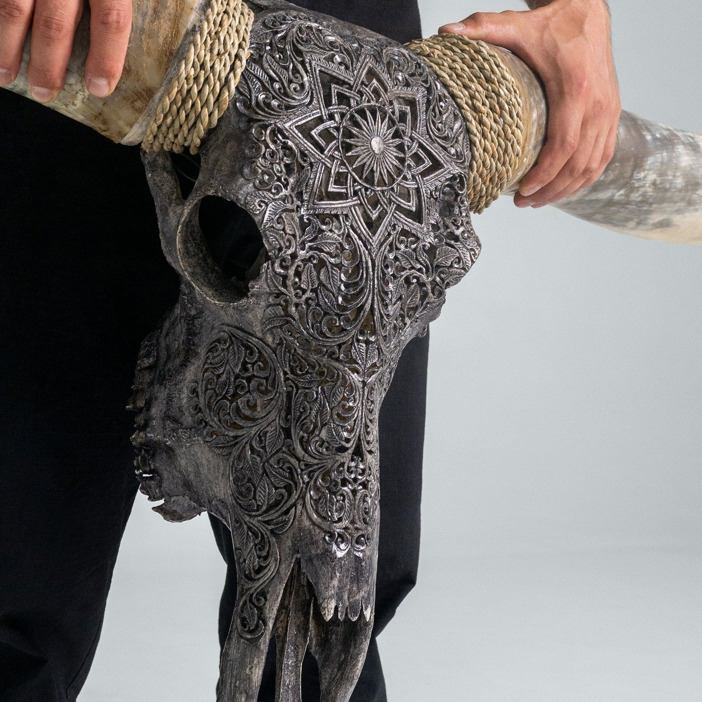 Hand Carved Longhorn Skull - Gray Mandala