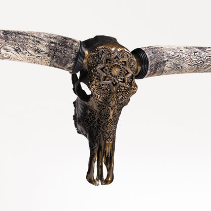 Hand Carved Longhorn Skull - Antique Bronze Mandala // Metallic Finish