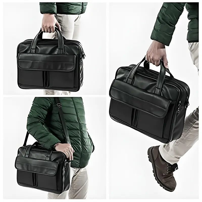 XIMAGA 16 Inch Laptop Briefcase - Black Synthetic Faux Leather Messenger Bag with Adjustable