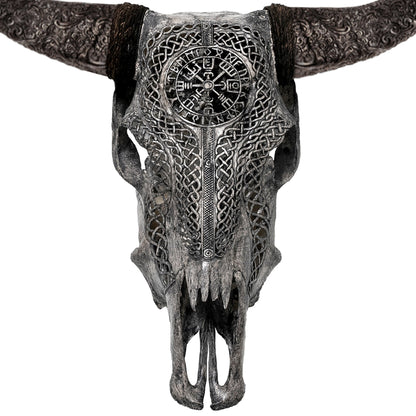 Hand Carved Cow Skull - Gray Vegvísir