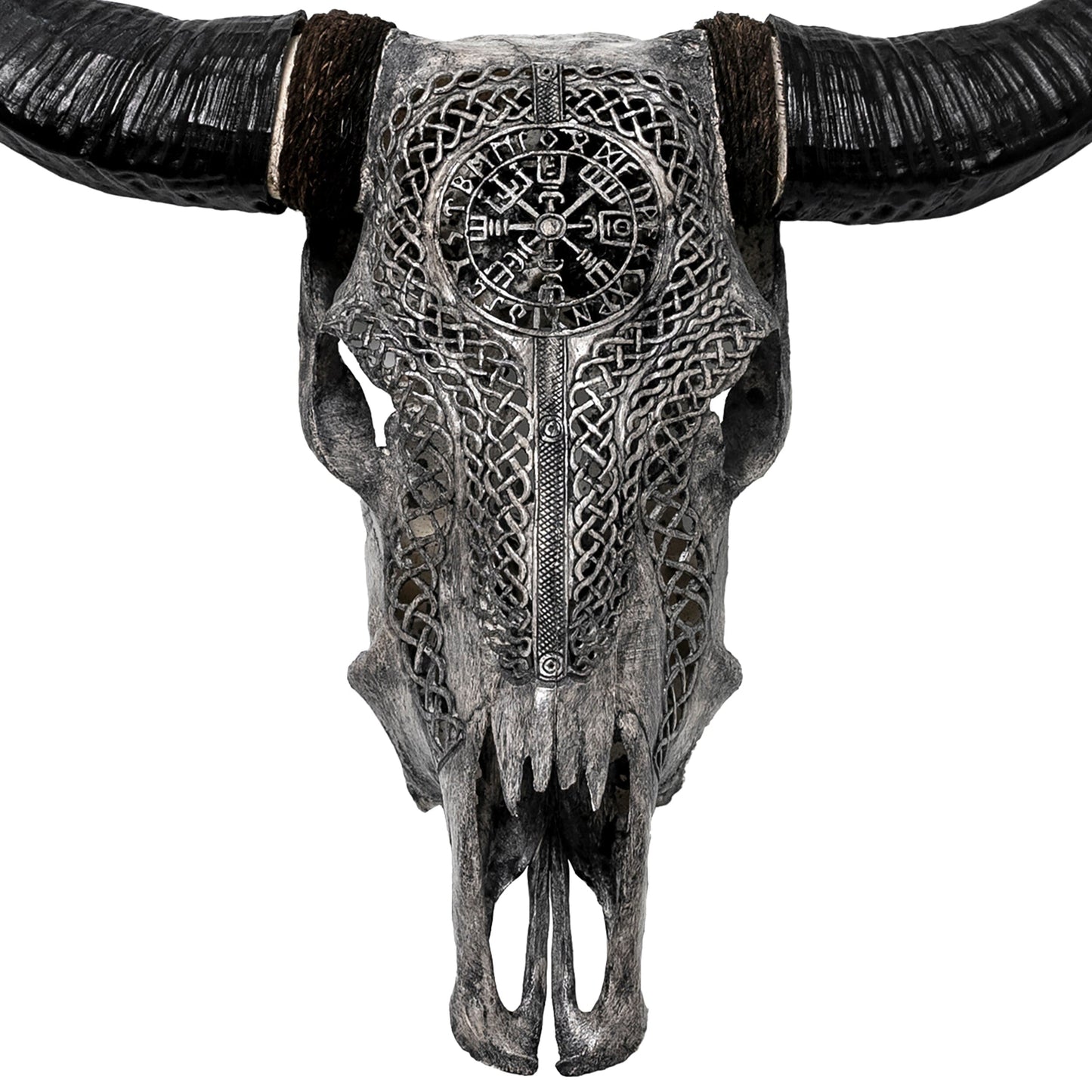 Hand Carved Cow Skull - Gray Vegvísir