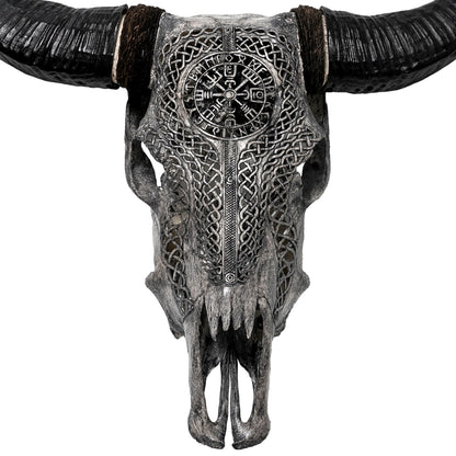 Hand Carved Cow Skull - Gray Vegvísir