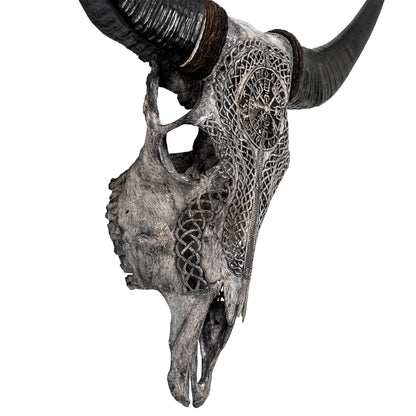 Hand Carved Cow Skull - Gray Vegvísir