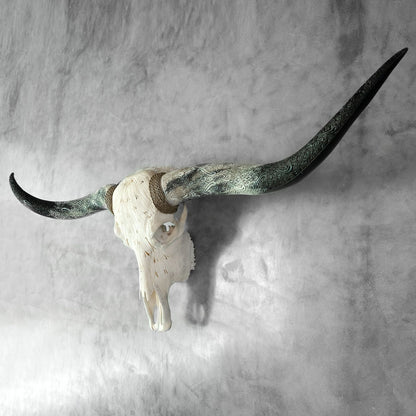Hand Carved Longhorn Skull - White Feathers