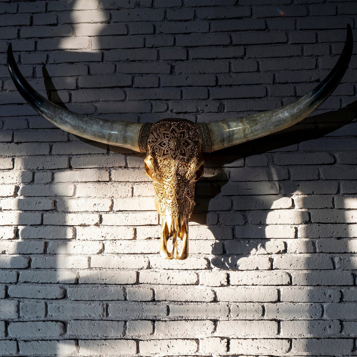 Hand Carved Longhorn Skull - Golden Mandala