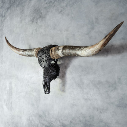 Hand Carved Longhorn Skull - Black Mandala