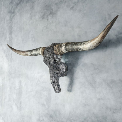 Hand Carved Longhorn Skull - Gray Mandala