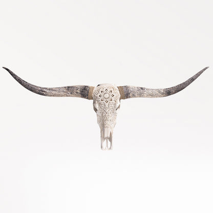 Hand Carved Longhorn Skull - White Mandala