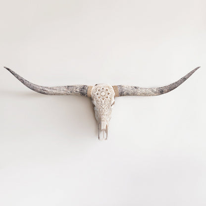 Hand Carved Longhorn Skull - White Mandala