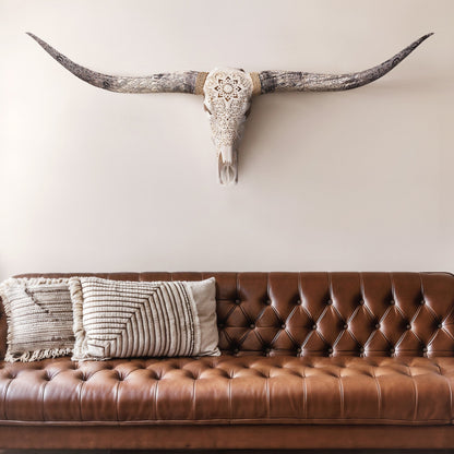 Hand Carved Longhorn Skull - White Mandala
