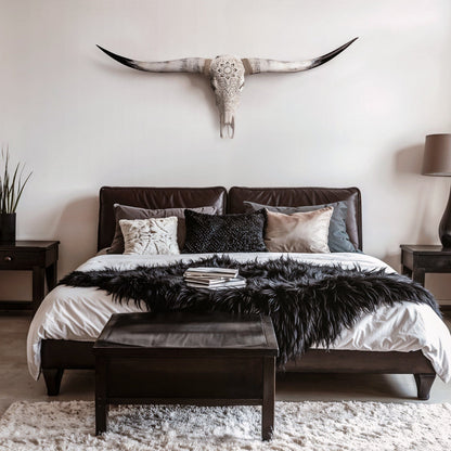 Hand Carved Longhorn Skull - White Mandala