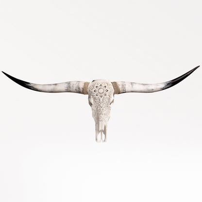 Hand Carved Longhorn Skull - White Mandala