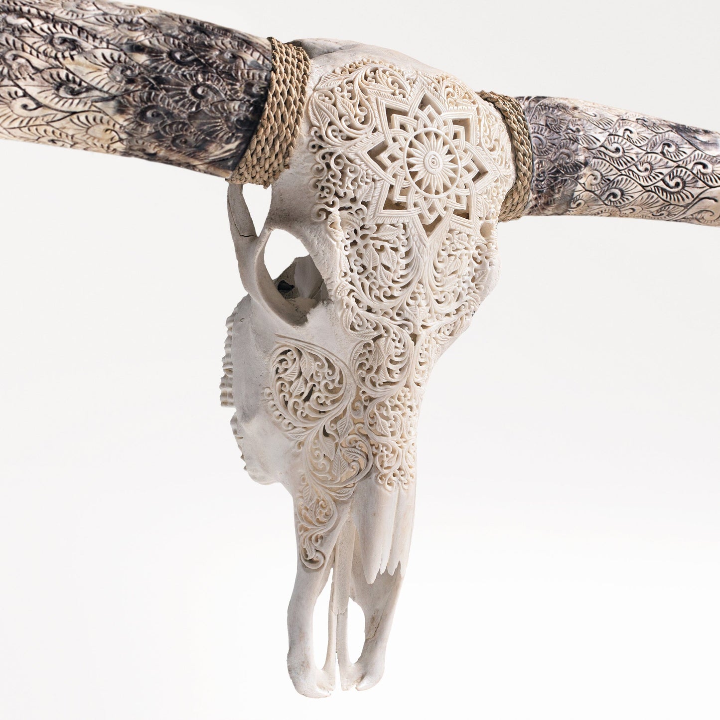 Hand Carved Longhorn Skull - White Mandala