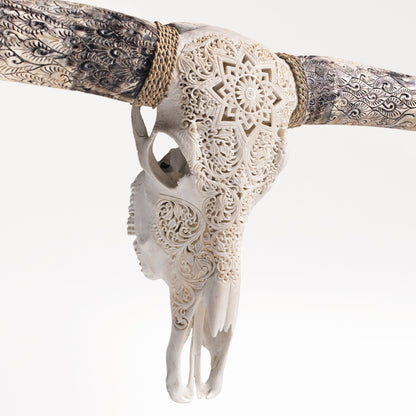 Hand Carved Longhorn Skull - White Mandala
