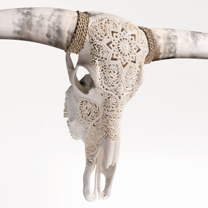 Hand Carved Longhorn Skull - White Mandala