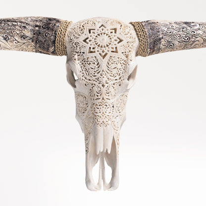 Hand Carved Longhorn Skull - White Mandala