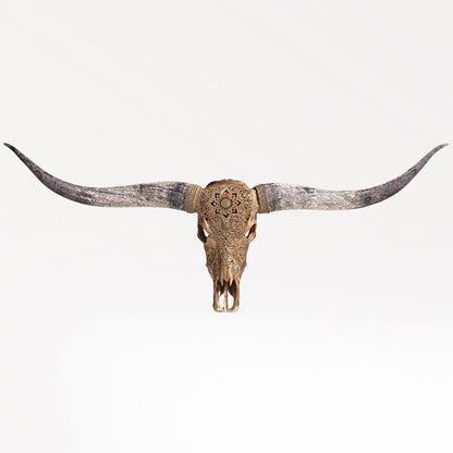 Hand Carved Longhorn Skull - Golden Mandala