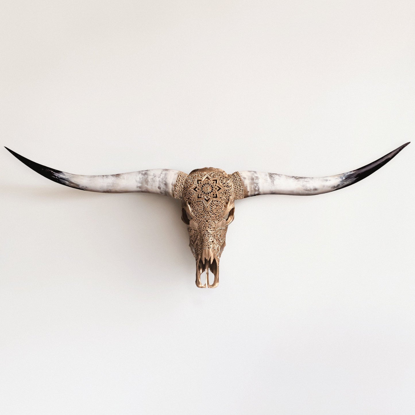 Hand Carved Longhorn Skull - Golden Mandala