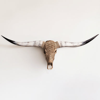 Hand Carved Longhorn Skull - Golden Mandala