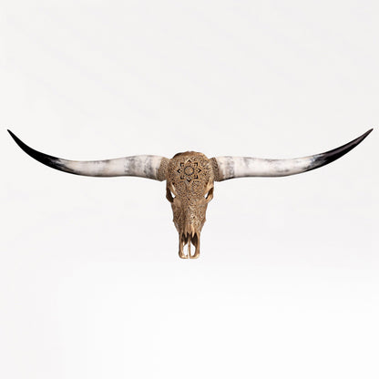 Hand Carved Longhorn Skull - Golden Mandala