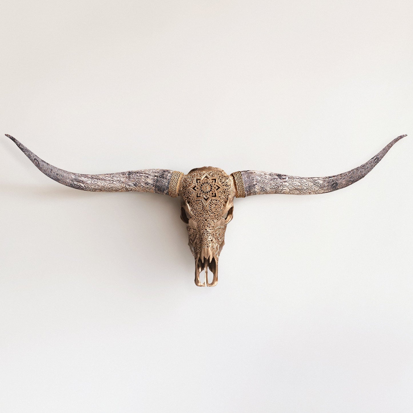 Hand Carved Longhorn Skull - Golden Mandala