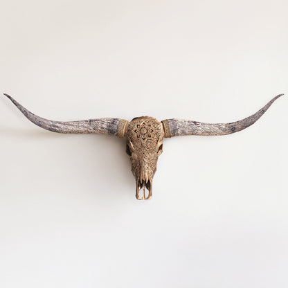 Hand Carved Longhorn Skull - Golden Mandala