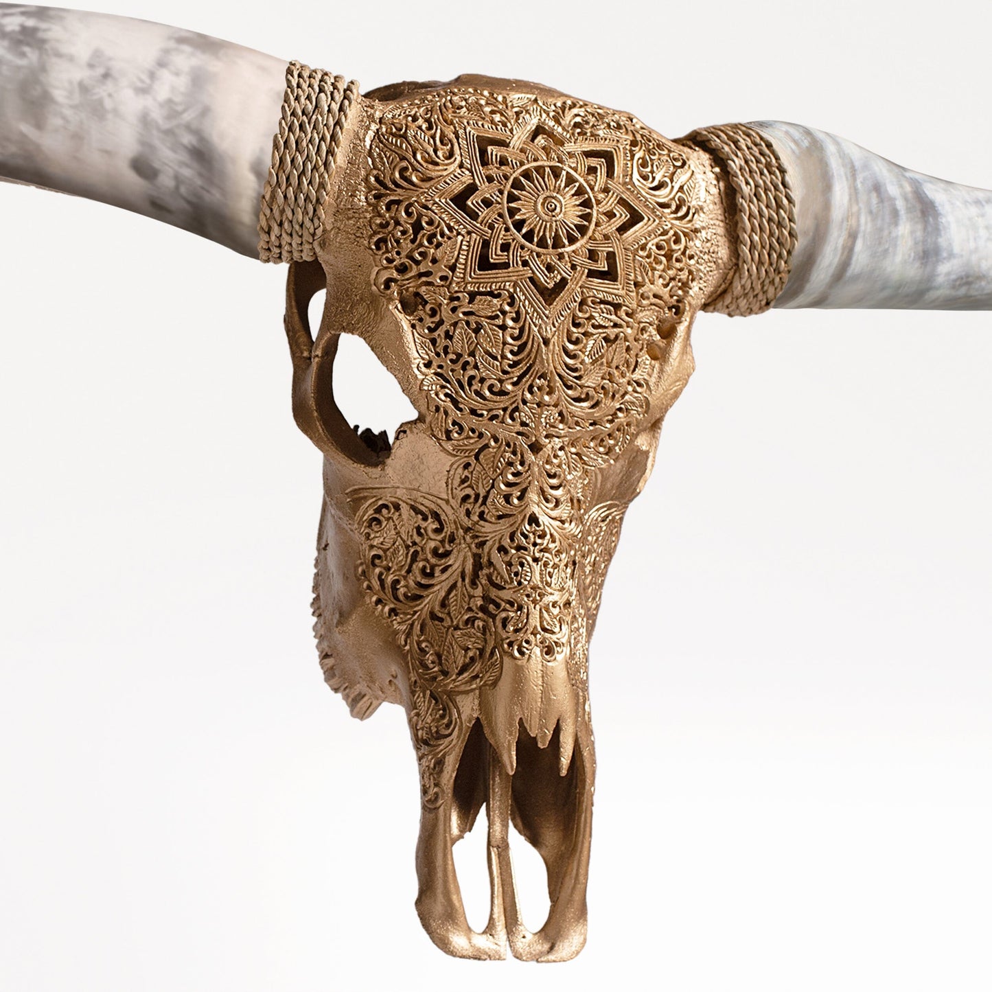 Hand Carved Longhorn Skull - Golden Mandala