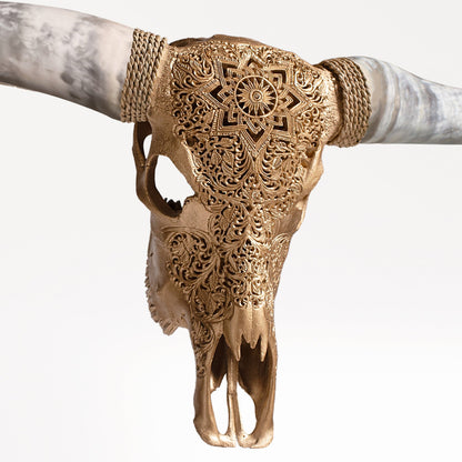 Hand Carved Longhorn Skull - Golden Mandala