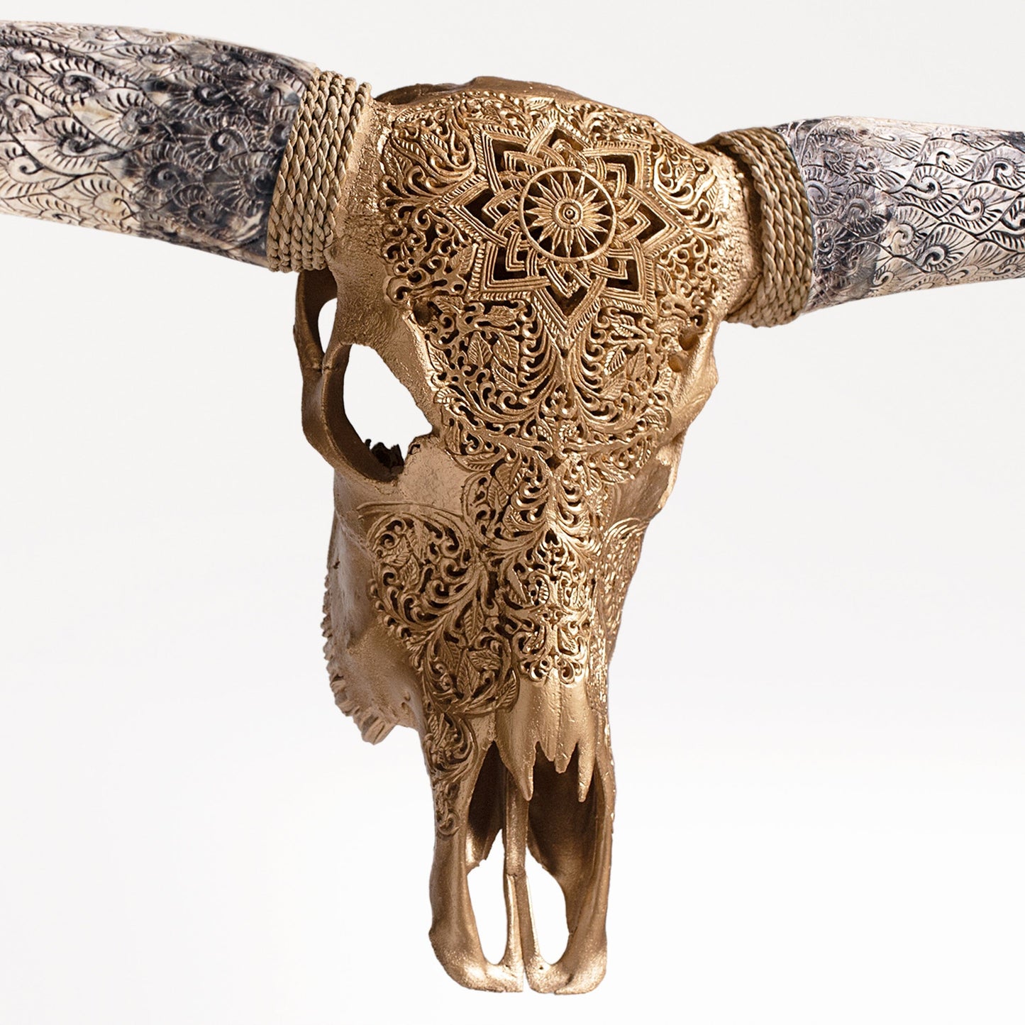 Hand Carved Longhorn Skull - Golden Mandala