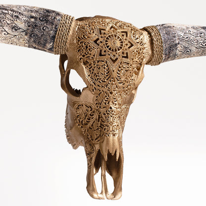 Hand Carved Longhorn Skull - Golden Mandala