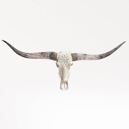 Hand Carved Longhorn Skull - White Glowing Mandala