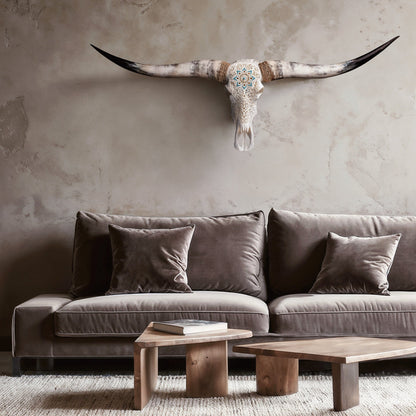 Hand Carved Longhorn Skull - White Glowing Mandala