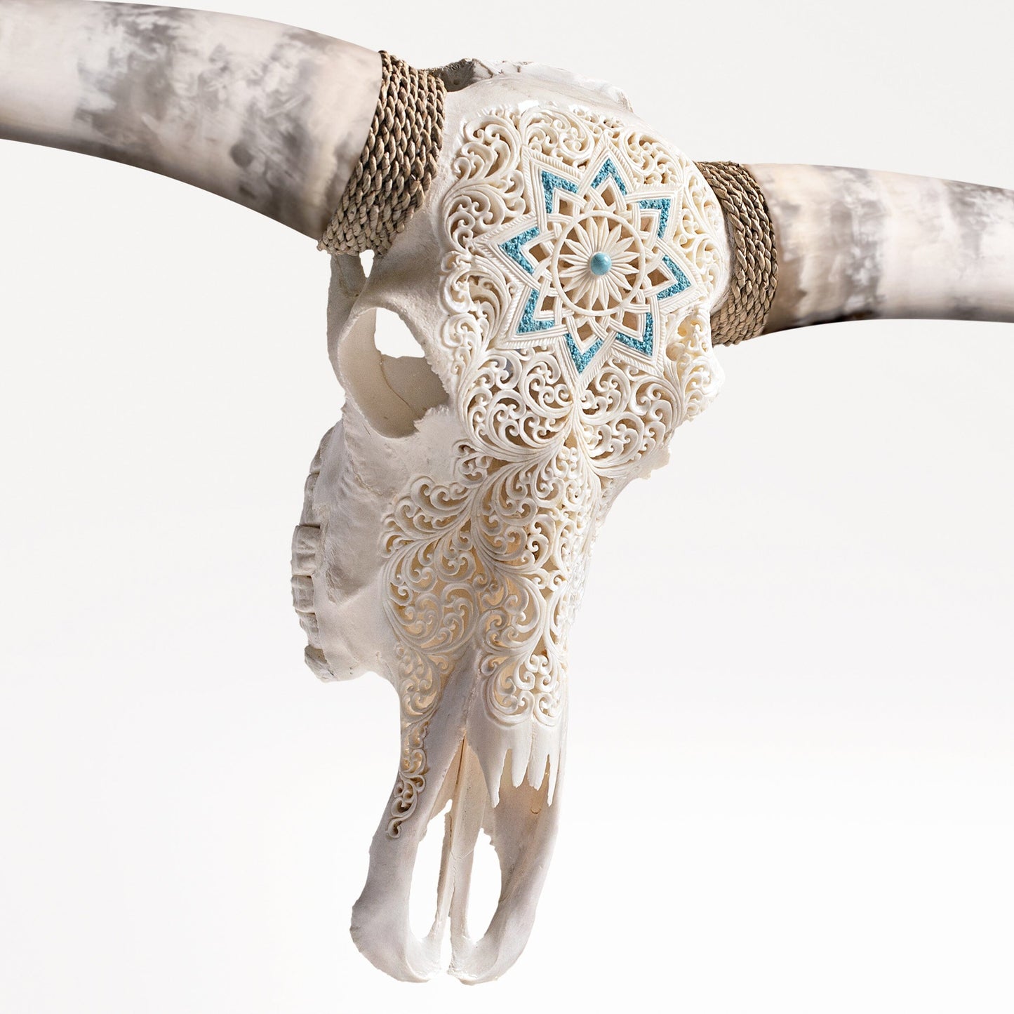 Hand Carved Longhorn Skull - White Glowing Mandala