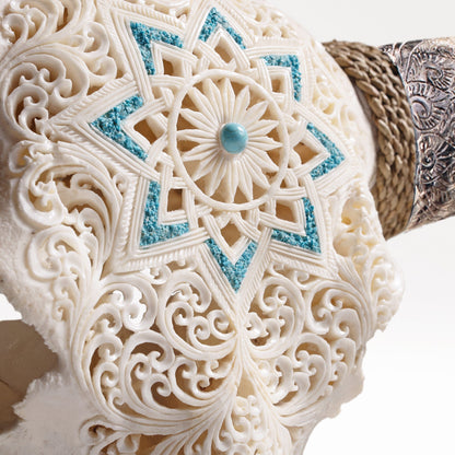 Hand Carved Longhorn Skull - White Glowing Mandala