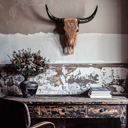 Hand Carved Cow Skull - Antique Titan