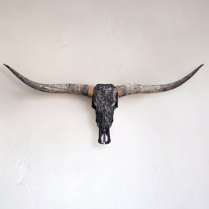 Hand Carved Longhorn Skull - Black Mandala