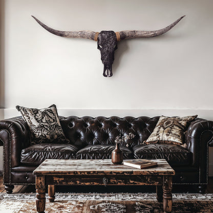 Hand Carved Longhorn Skull - Black Mandala