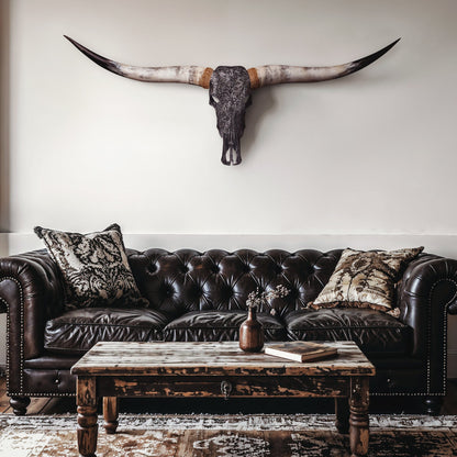 Hand Carved Longhorn Skull - Black Mandala