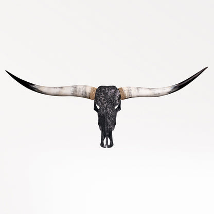 Hand Carved Longhorn Skull - Black Mandala