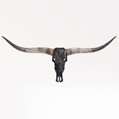 Hand Carved Longhorn Skull - Black Mandala